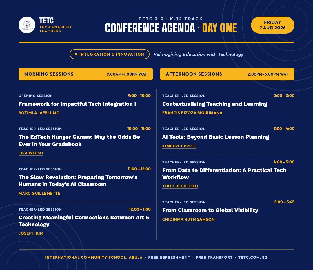 TETC 3.0 Day One conference agenda graphic — full schedule of morning and afternoon sessions