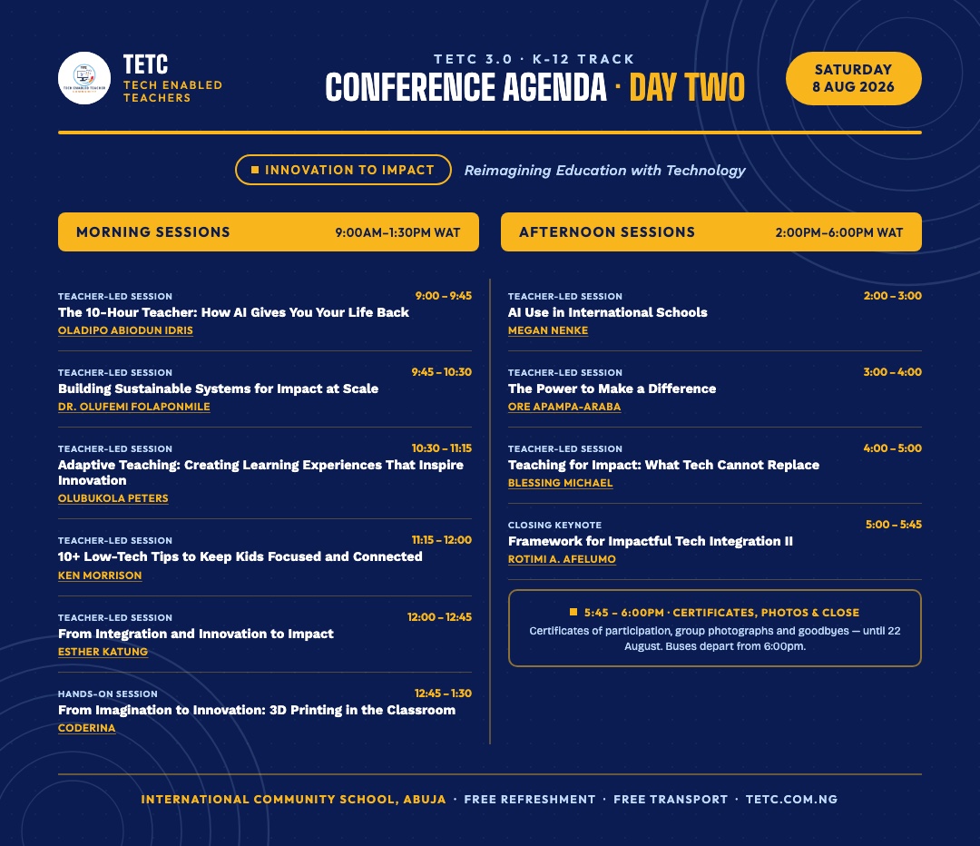 TETC 3.0 Day Two conference agenda graphic — full schedule of morning and afternoon sessions