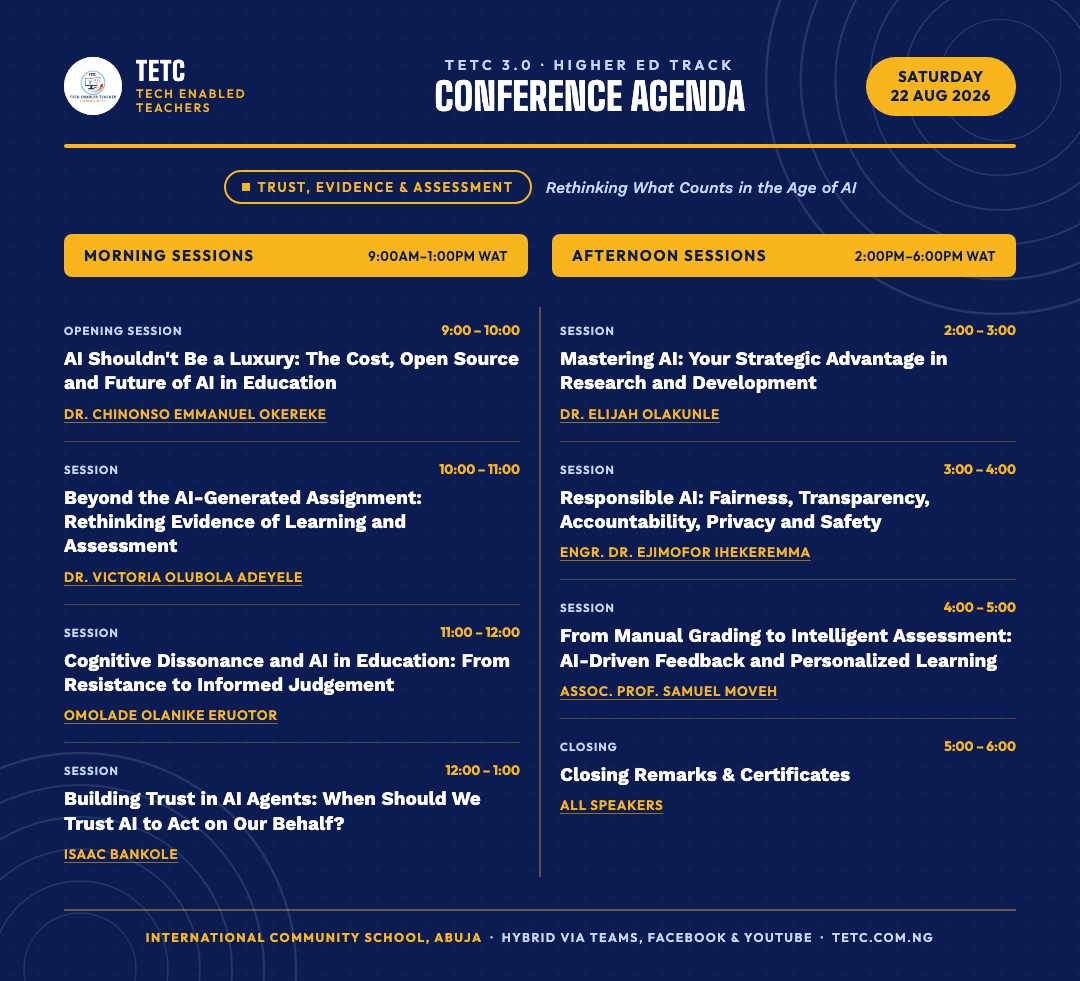 TETC 3.0 Higher Education Track agenda graphic — full Saturday 22 August schedule