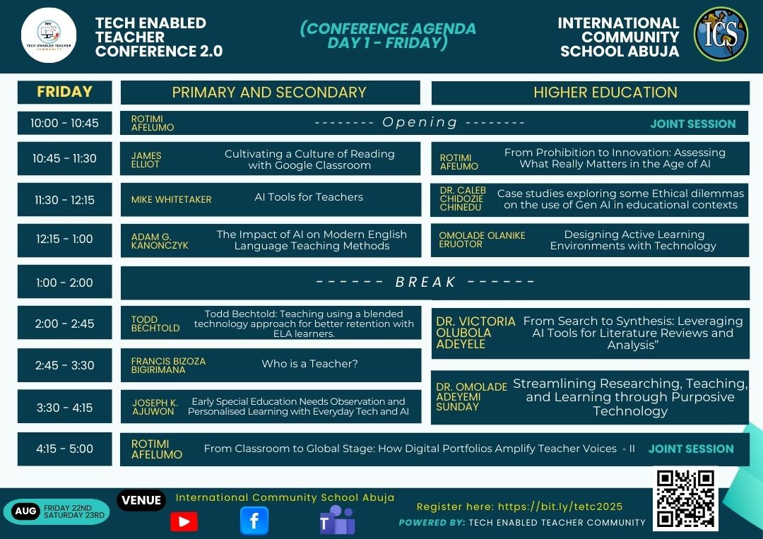 TETC 2.0 Day One agenda graphic — full Friday schedule for both tracks