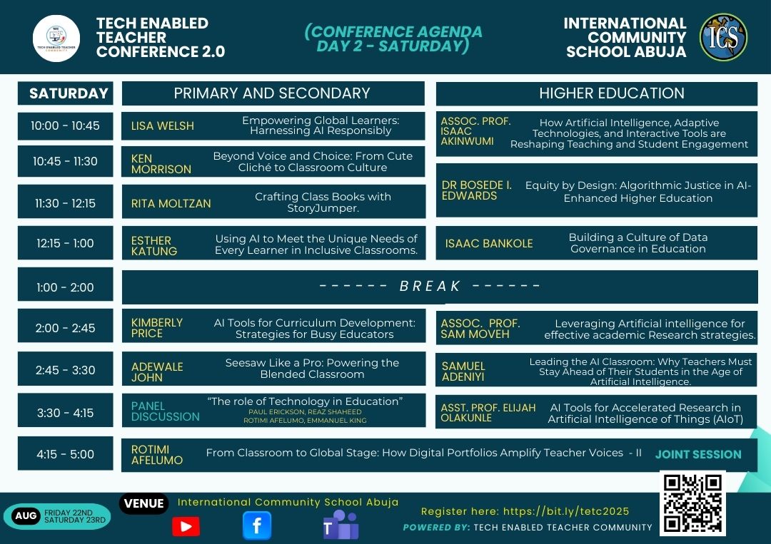 TETC 2.0 Day Two agenda graphic — full Saturday schedule for both tracks