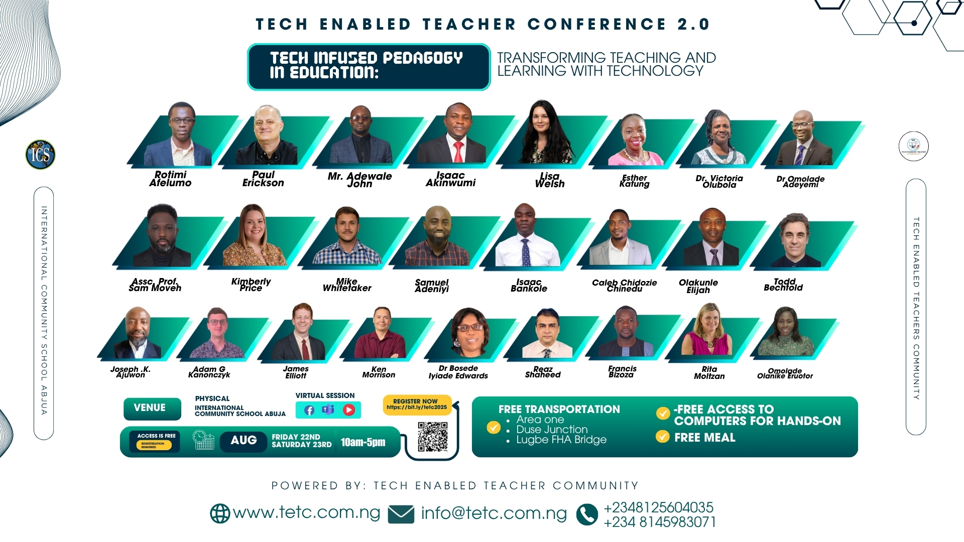 Official TETC 2.0 conference poster — Tech Infused Pedagogy in Education, all 25 confirmed speakers, 22–23 August 2025 at International Community School, Abuja